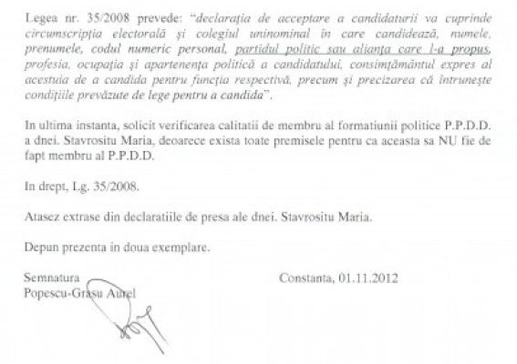 Candidatura Mariei Stavrositu, contestată - vezi document!